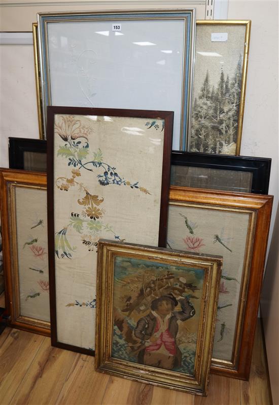 A Berlin needlework, seven other needleworks, a woolwork picture and a work panel W.92cm